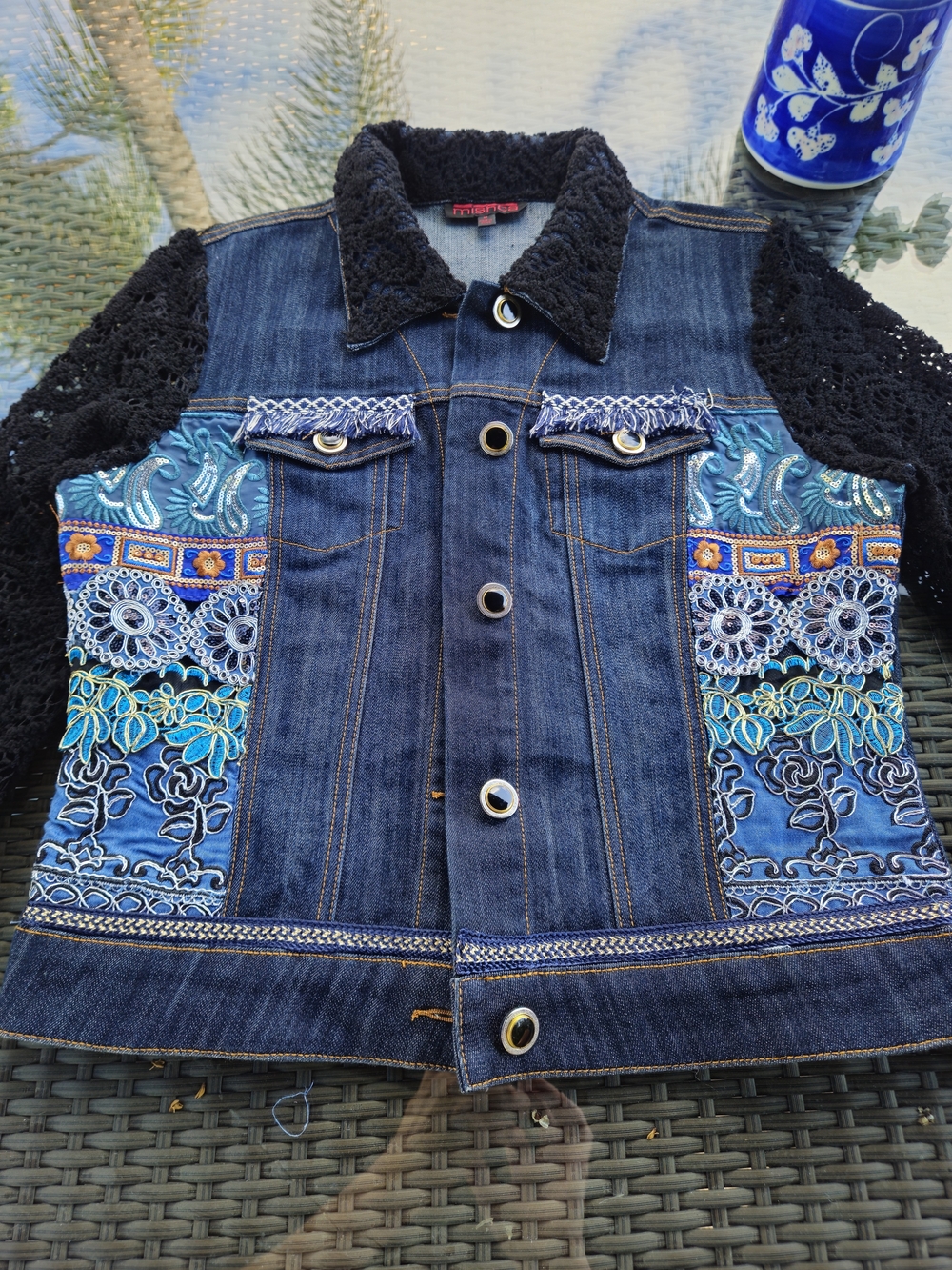 Mishca Denim Jacket M Beaded Sequins Lace Crochet Boho Blue NWOT